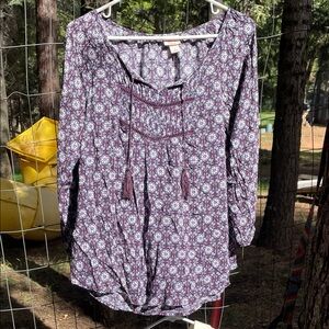 Mossimo Supply Co. Purple Patterned Tassel Peasant Top
